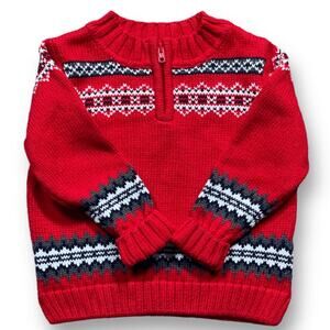 Infant Lands End Sweater Red Fair Isle QuarterZip Mock Neck Knit Size 24 Months